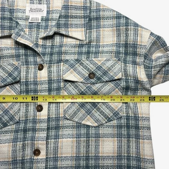 Plaid Shacket Shirt Jacket Size L Button Front Teal Cloud Boston Traders - Picture 8 of 12